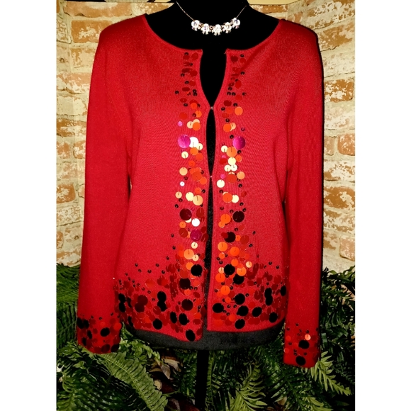 Ruby Rd. Red Sequin Detail Long Sleeve Knit Cardigan - Picture 12 of 16